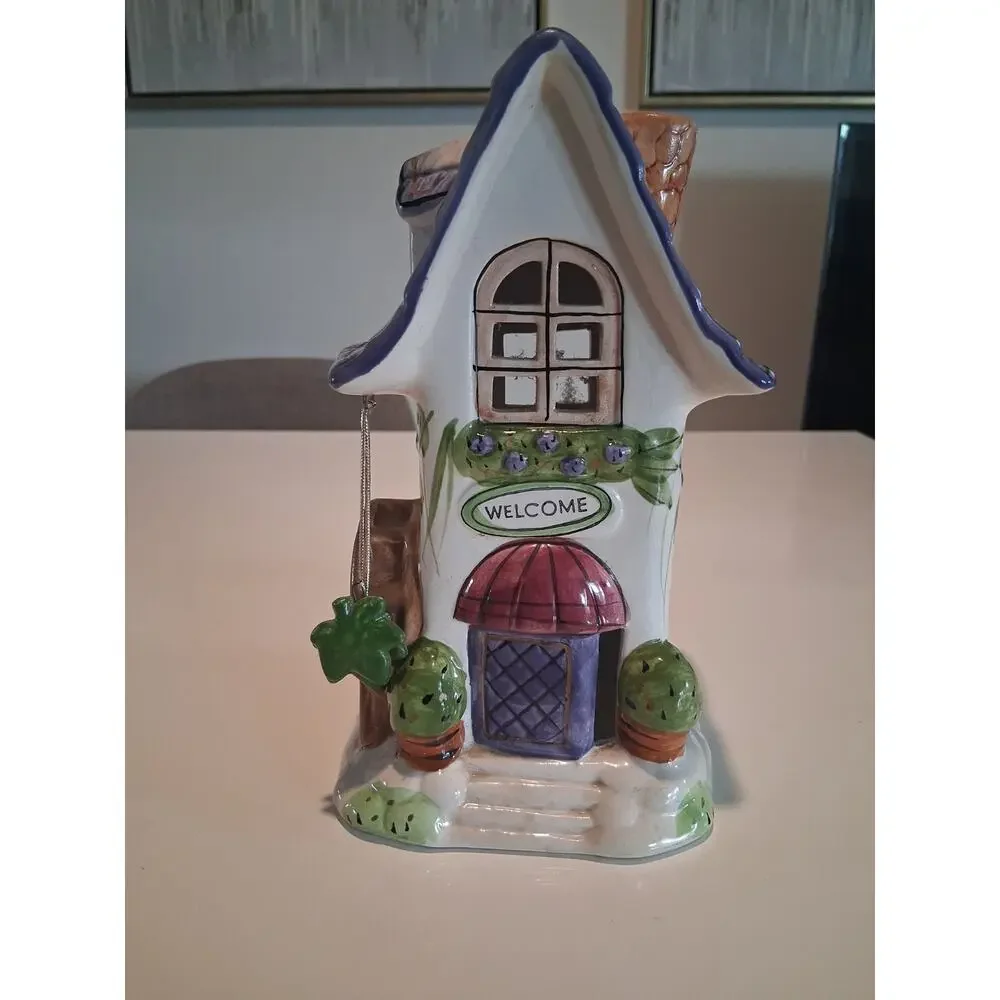 Vintage Hand Painted Ceramic Candle House Tealight Cottage Welcome Sign #850110